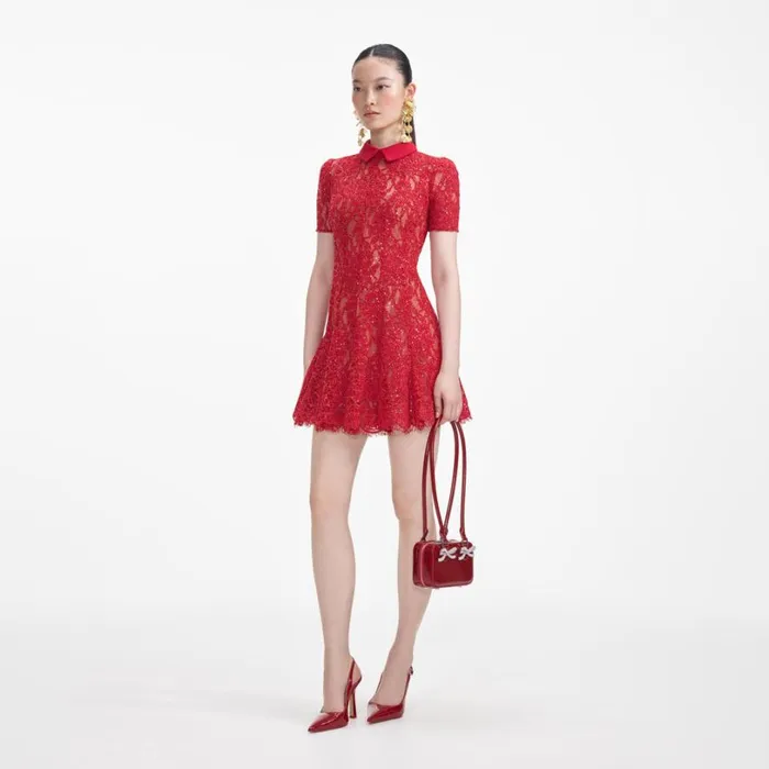 Red Sequin Lace Mini Dress Women Self Portrait Dresses Red Sequin Lace Mini Dress Women Self Portrait Dresses