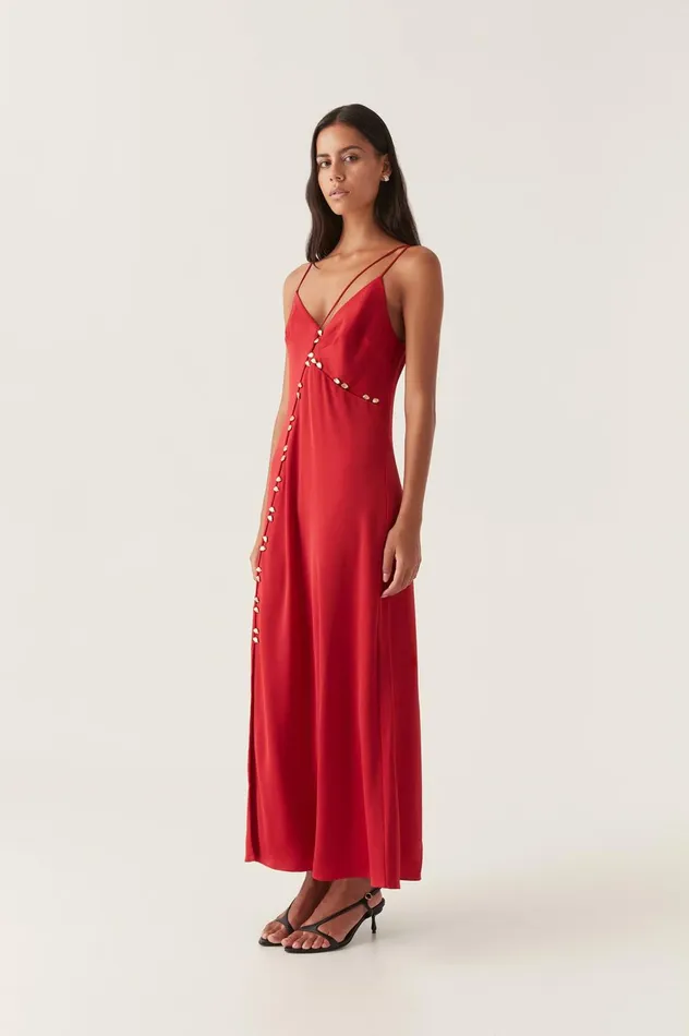 Riddle Button Down Maxi Dress Scarlet Red Women Aje Maxi Dresses