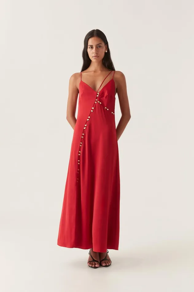 Riddle Button Down Maxi Dress Scarlet Red Women Aje Maxi Dresses