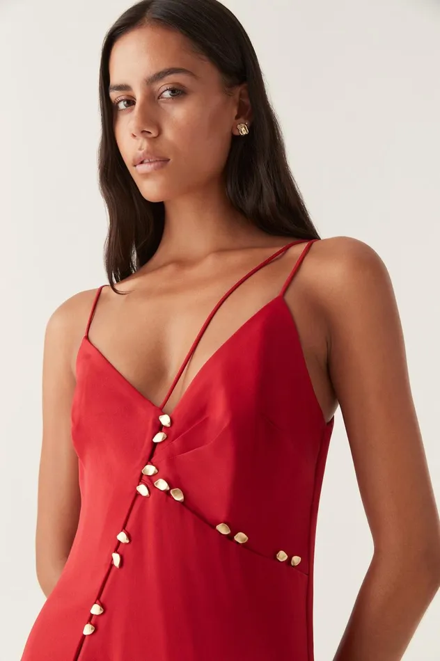 Riddle Button Down Maxi Dress Scarlet Red Women Aje Maxi Dresses