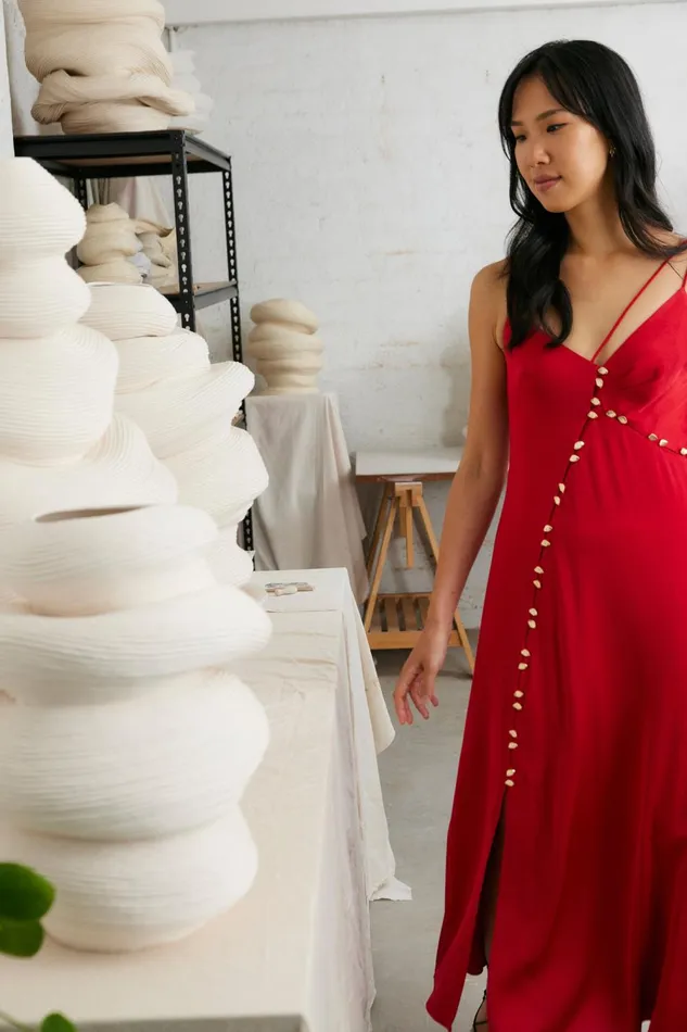 Riddle Button Down Maxi Dress Scarlet Red Women Aje Maxi Dresses