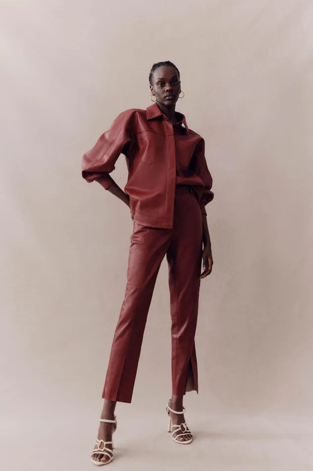 River Vegan Leather Pant Mahogany Red Women Aje Pants