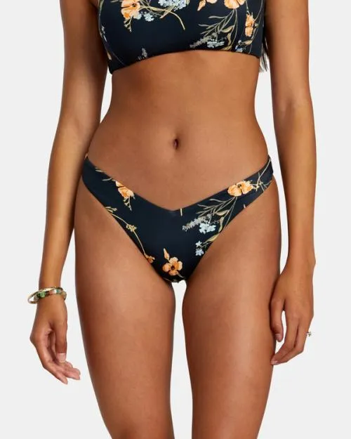 Rvca Bloom VFront Med French High Leg Bikini Bottoms Black Women Bikini Bottoms