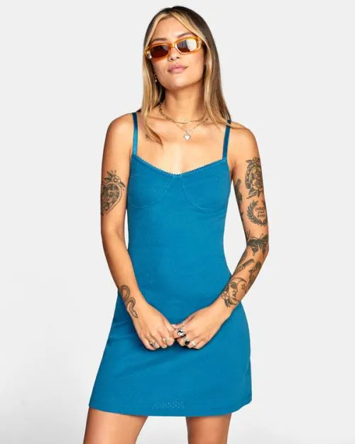Rvca Just Friends Pointelle Midi Dress Snorkel Blue Women Dresses and Rompers