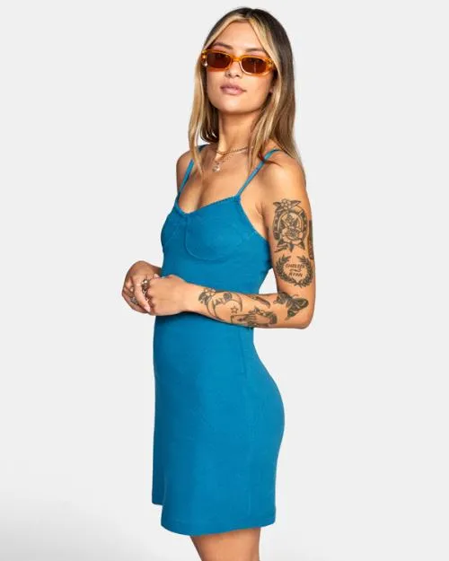 Rvca Just Friends Pointelle Midi Dress Snorkel Blue Women Dresses and Rompers