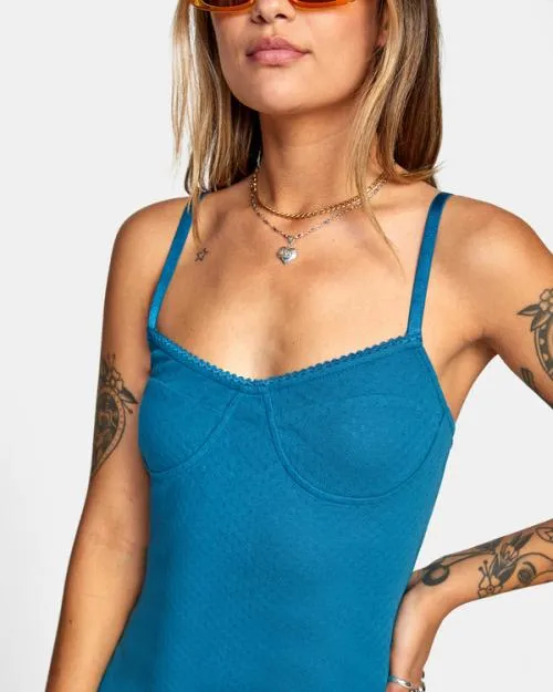 Rvca Just Friends Pointelle Midi Dress Snorkel Blue Women Dresses and Rompers