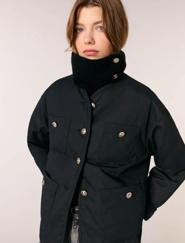 Scarves and Ponchos Women Maje ButtonUp Wool Mix Collar Wrap Black