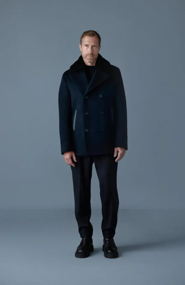 Shearling Jackets Men Mackage COLE Wool Doublebreasted Jacket With Shearling Collar Navy