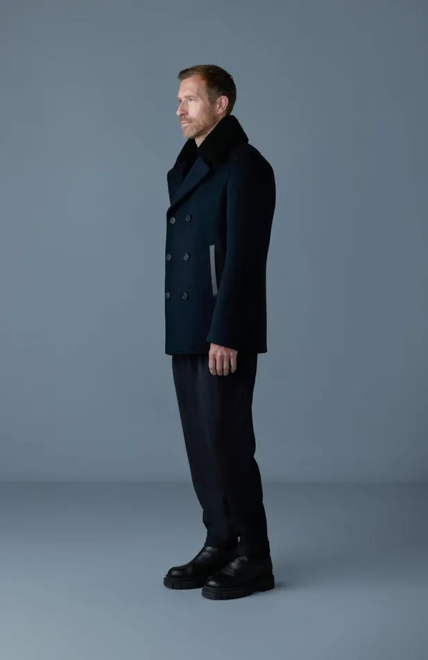 Shearling Jackets Men Mackage COLE Wool Doublebreasted Jacket With Shearling Collar Navy