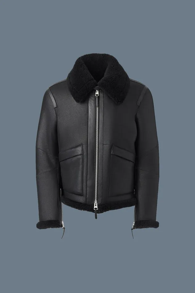 Shearling Jackets Men Mackage KRISTIAN Sheepskin Jacket With Spread Collar Black