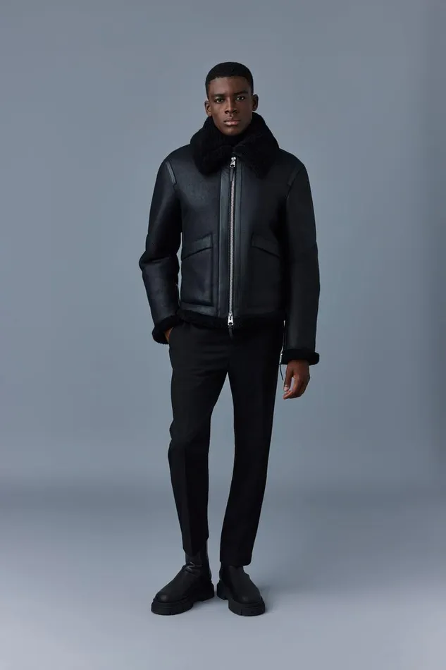 Shearling Jackets Men Mackage KRISTIAN Sheepskin Jacket With Spread Collar Black