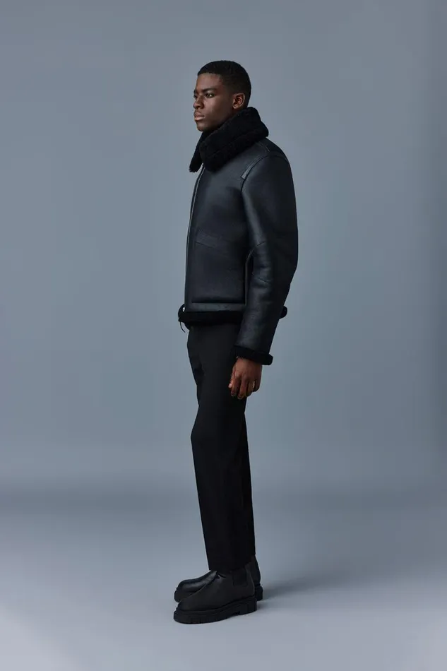Shearling Jackets Men Mackage KRISTIAN Sheepskin Jacket With Spread Collar Black