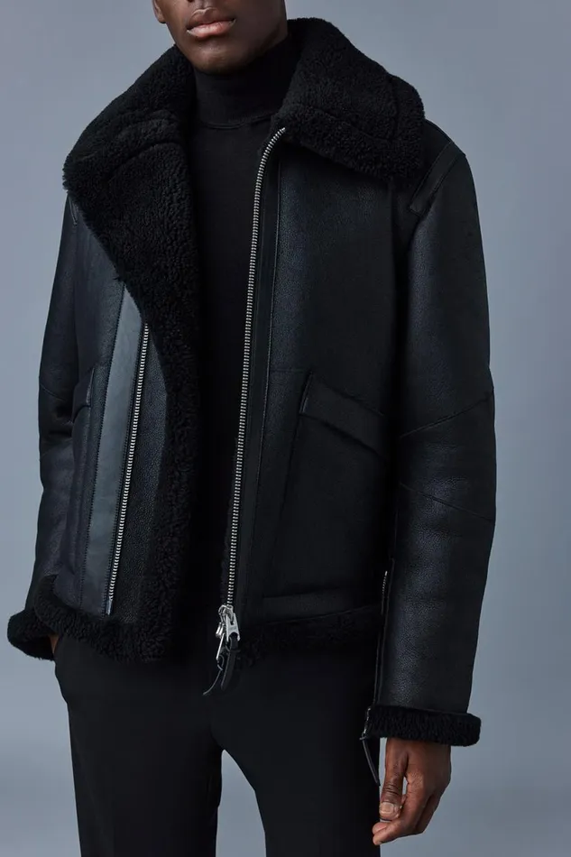 Shearling Jackets Men Mackage KRISTIAN Sheepskin Jacket With Spread Collar Black