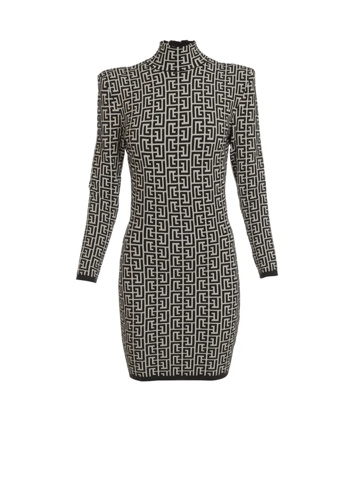 Short Bicolor Jacquard Knit Dress With Monogram Black Women Balmain Dresses