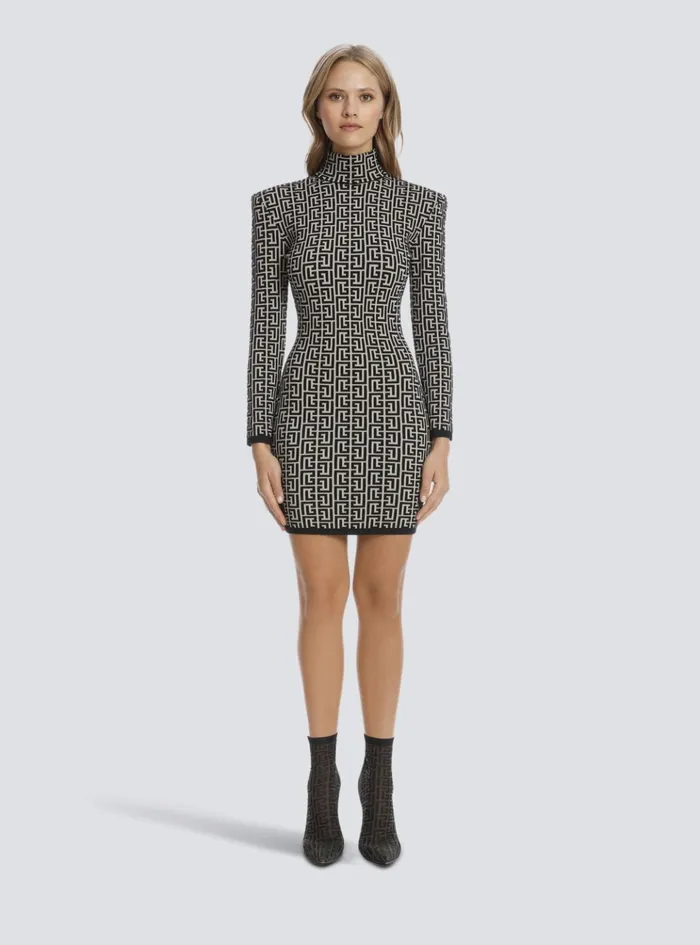 Short Bicolor Jacquard Knit Dress With Monogram Black Women Balmain Dresses