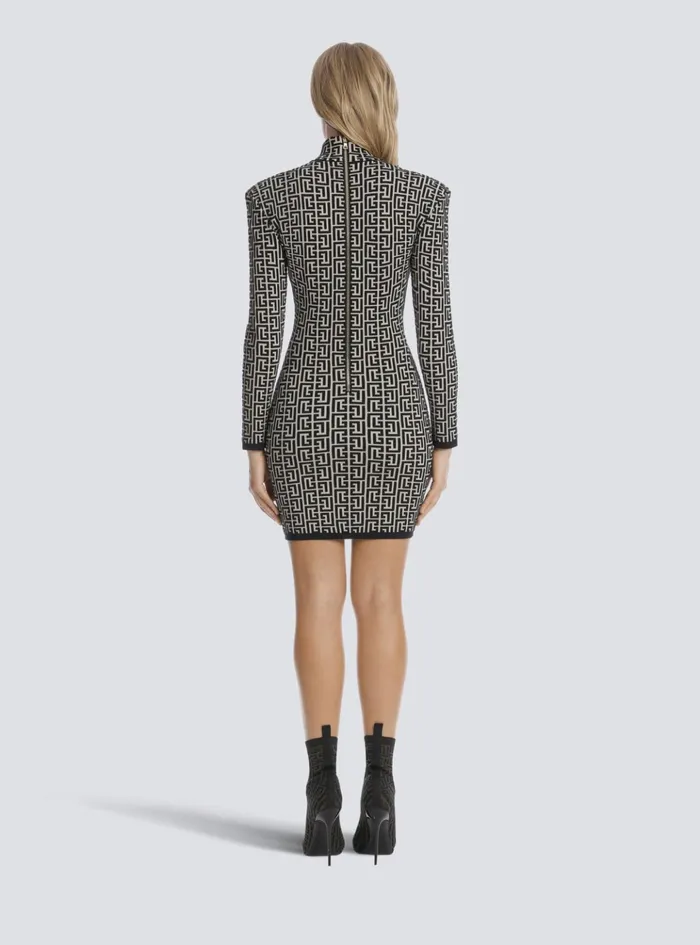 Short Bicolor Jacquard Knit Dress With Monogram Black Women Balmain Dresses