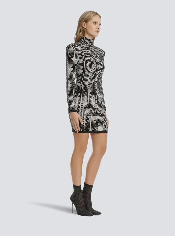 Short Bicolor Jacquard Knit Dress With Monogram Black Women Balmain Dresses