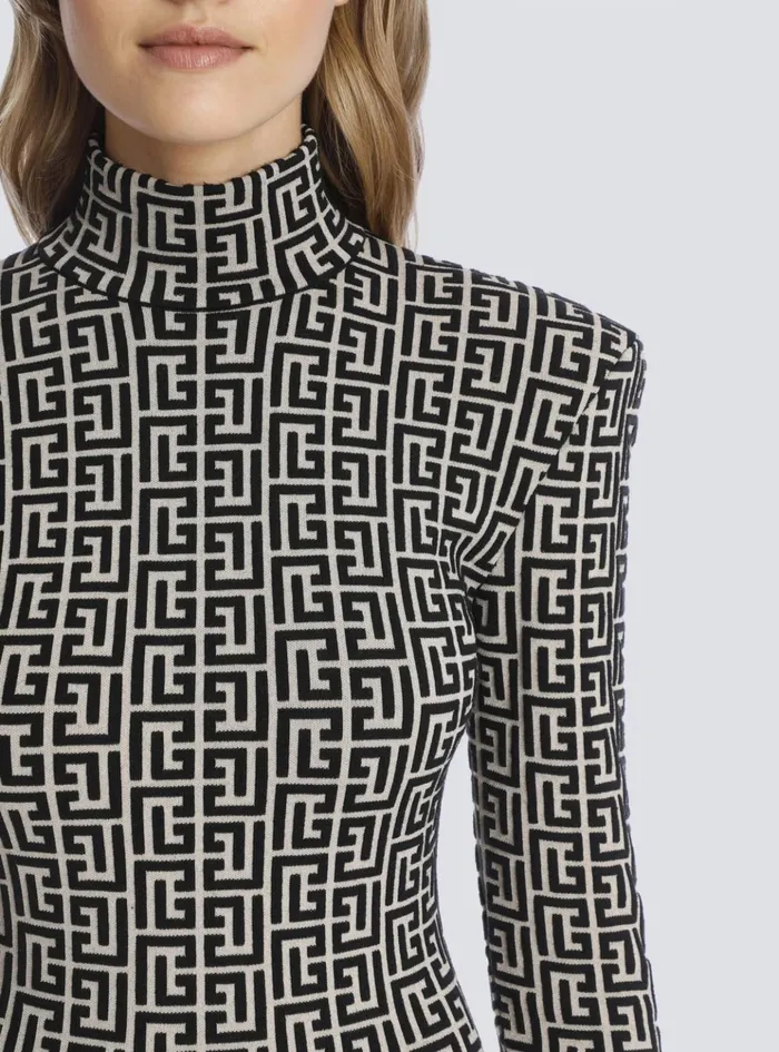 Short Bicolor Jacquard Knit Dress With Monogram Black Women Balmain Dresses