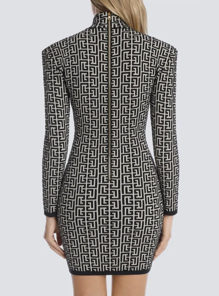 Short Bicolor Jacquard Knit Dress With Monogram Black Women Balmain Dresses
