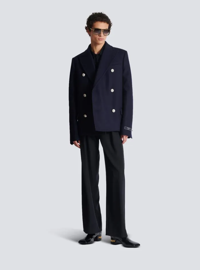 Short Felted Wool Coat Navy Men Balmain Outerwear