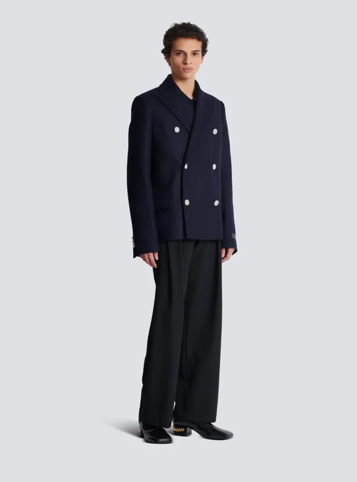 Short Felted Wool Coat Navy Men Balmain Outerwear