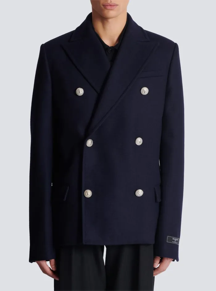 Short Felted Wool Coat Navy Men Balmain Outerwear