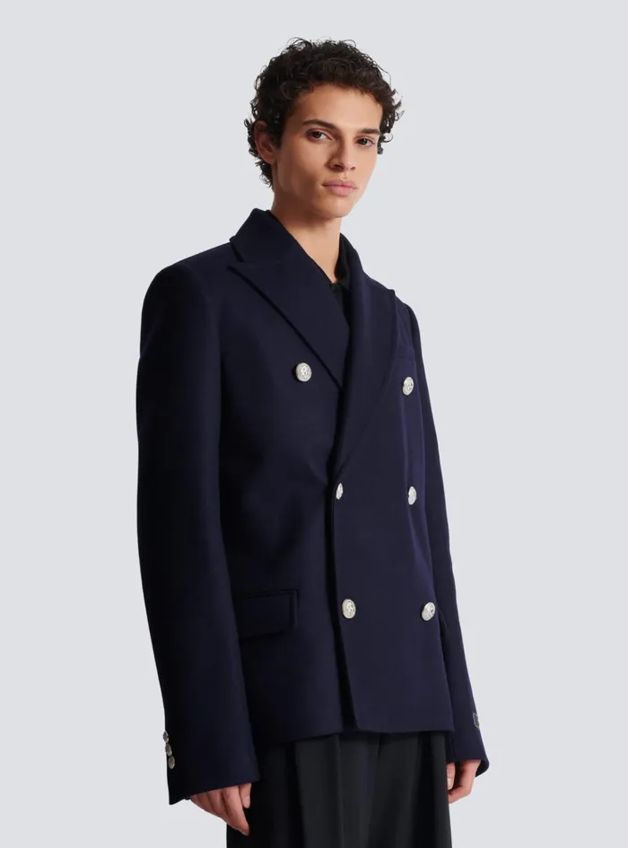 Short Felted Wool Coat Navy Men Balmain Outerwear