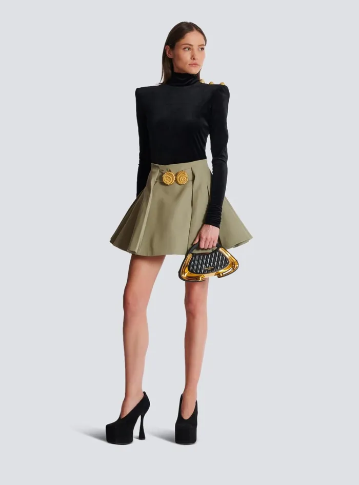 Short Pleated Skirt In Grain De Poudre Green Women Balmain Skirts