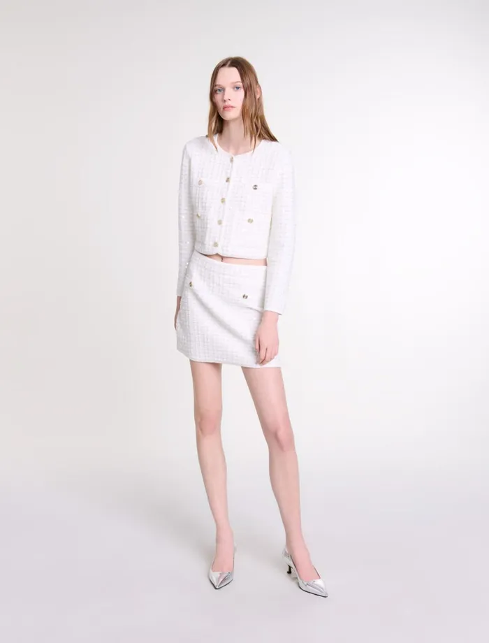 Skirts and Shorts Women Maje Short Sequinned Knit Skirt Off White