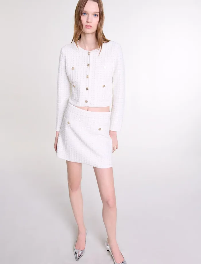 Skirts and Shorts Women Maje Short Sequinned Knit Skirt Off White