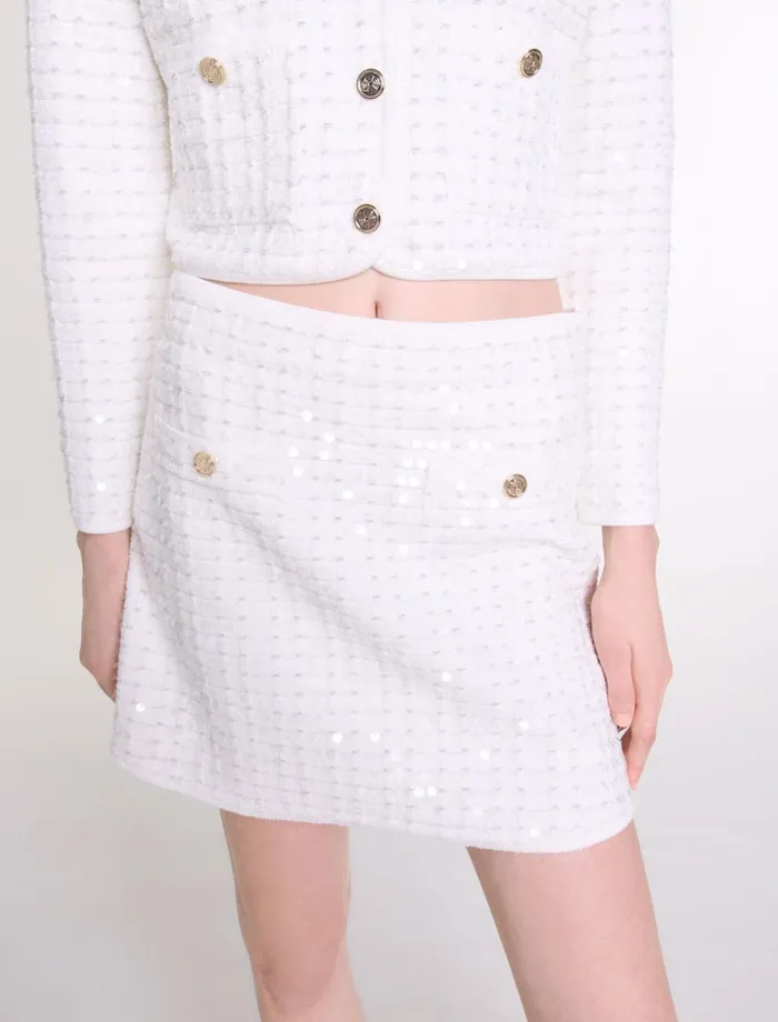 Skirts and Shorts Women Maje Short Sequinned Knit Skirt Off White