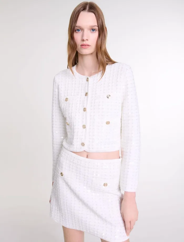 Skirts and Shorts Women Maje Short Sequinned Knit Skirt Off White