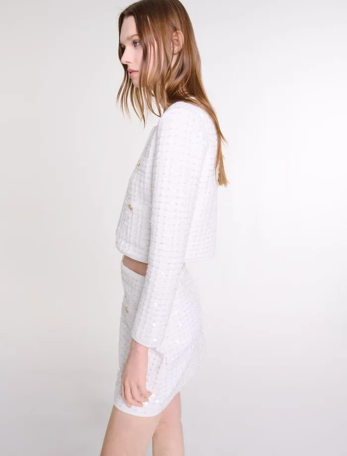 Skirts and Shorts Women Maje Short Sequinned Knit Skirt Off White