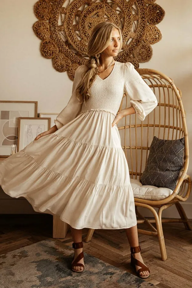 Smocked Tiered Midi Dress In Ivory Ivory Women Bohme Dresses