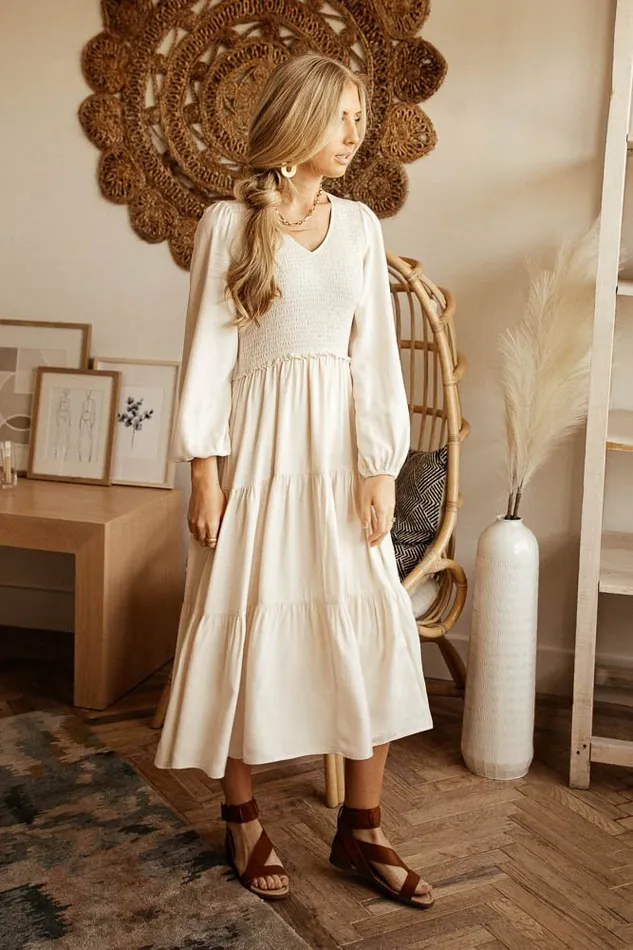 Smocked Tiered Midi Dress In Ivory Ivory Women Bohme Dresses