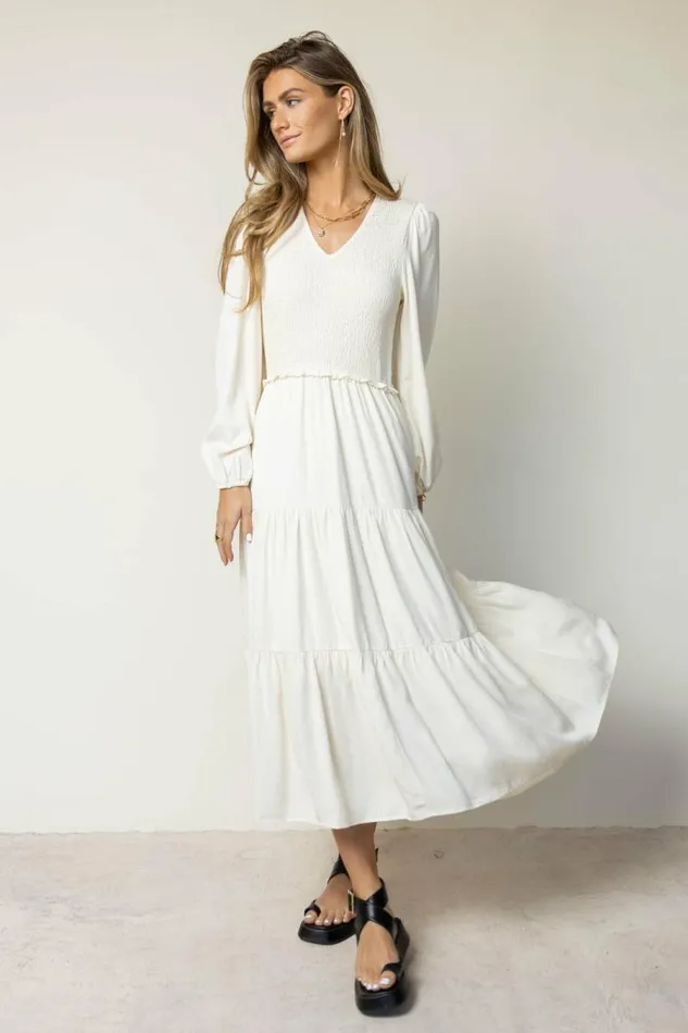 Smocked Tiered Midi Dress In Ivory Ivory Women Bohme Dresses