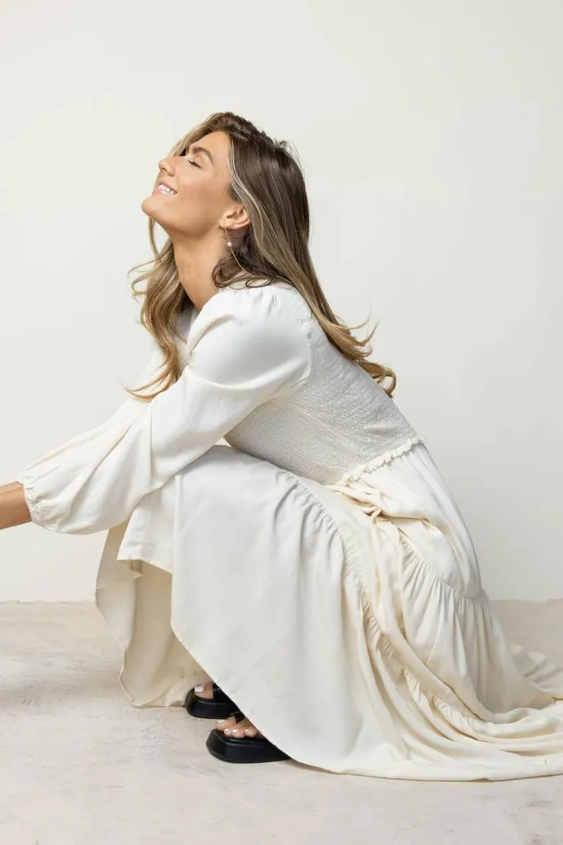Smocked Tiered Midi Dress In Ivory Ivory Women Bohme Dresses