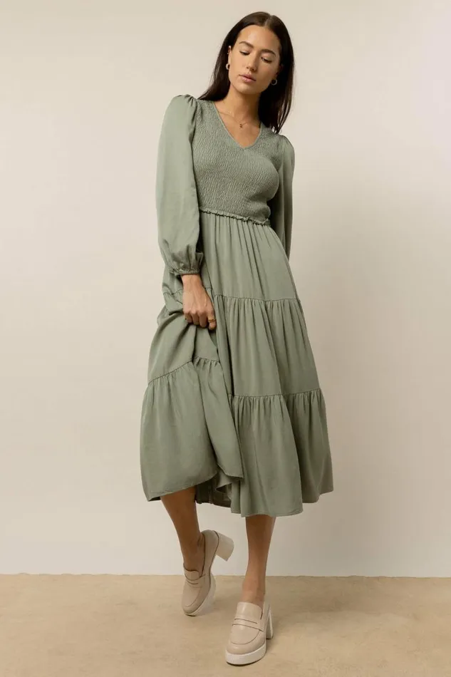 Smocked Tiered Midi Dress In Sage Sage Women Bohme Dresses