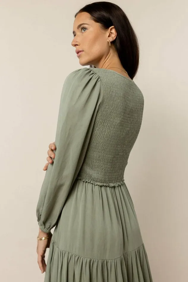 Smocked Tiered Midi Dress In Sage Sage Women Bohme Dresses