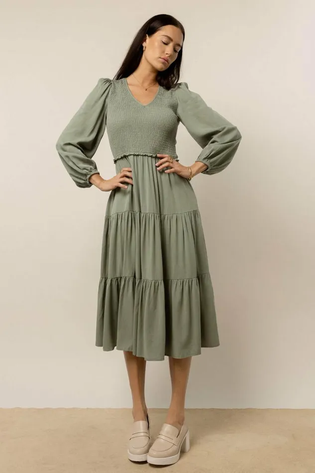 Smocked Tiered Midi Dress In Sage Sage Women Bohme Dresses