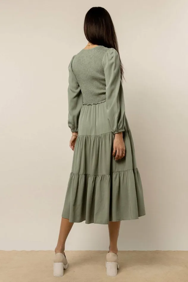 Smocked Tiered Midi Dress In Sage Sage Women Bohme Dresses