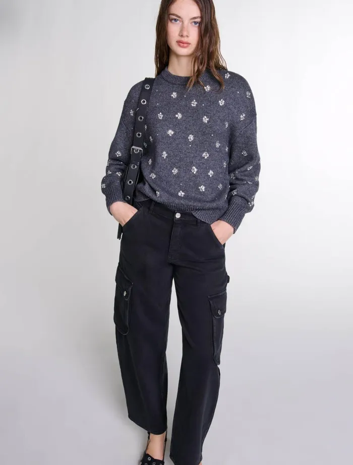 Sweaters and Cardigans Women Maje Knitted Jumper With Rhinestones Anthracite