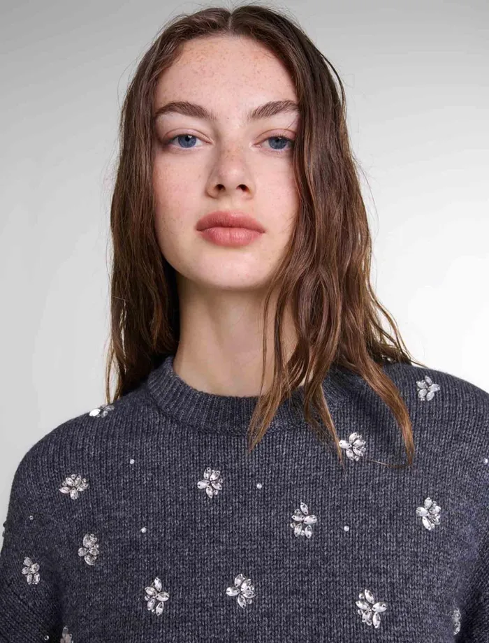Sweaters and Cardigans Women Maje Knitted Jumper With Rhinestones Anthracite