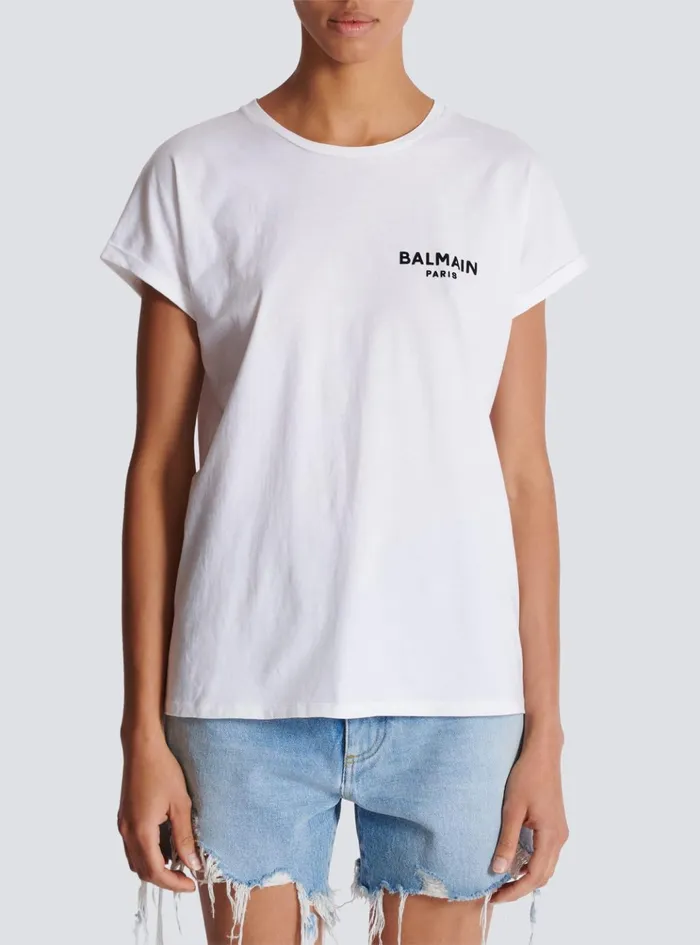Tshirt With Flocked Paris Logo White Women Balmain TShirts
