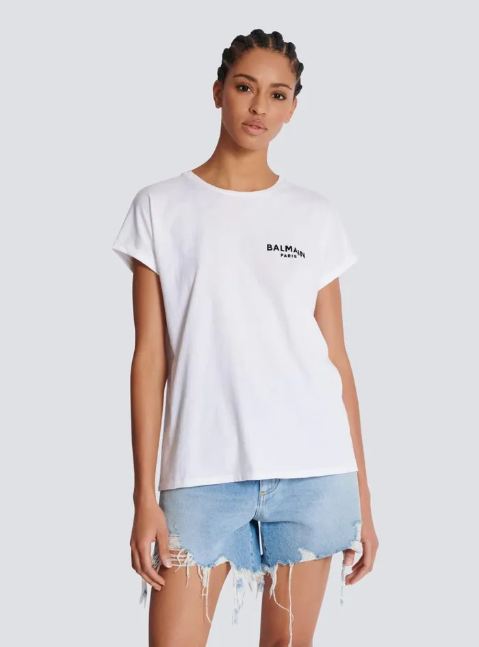 Tshirt With Flocked Paris Logo White Women Balmain TShirts