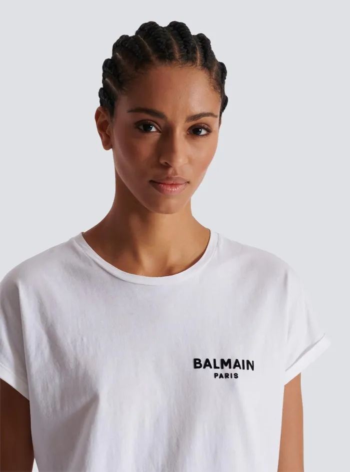 Tshirt With Flocked Paris Logo White Women Balmain TShirts