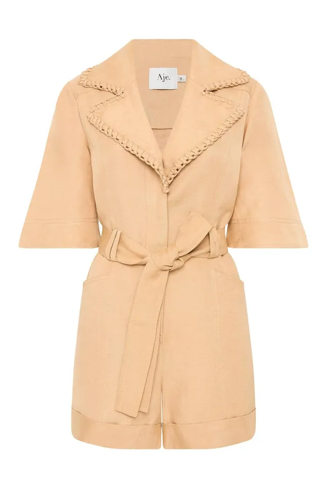 Tactile Whipstitch Playsuit Sand Brown Women Aje Jumpsuits 038 Playsuits