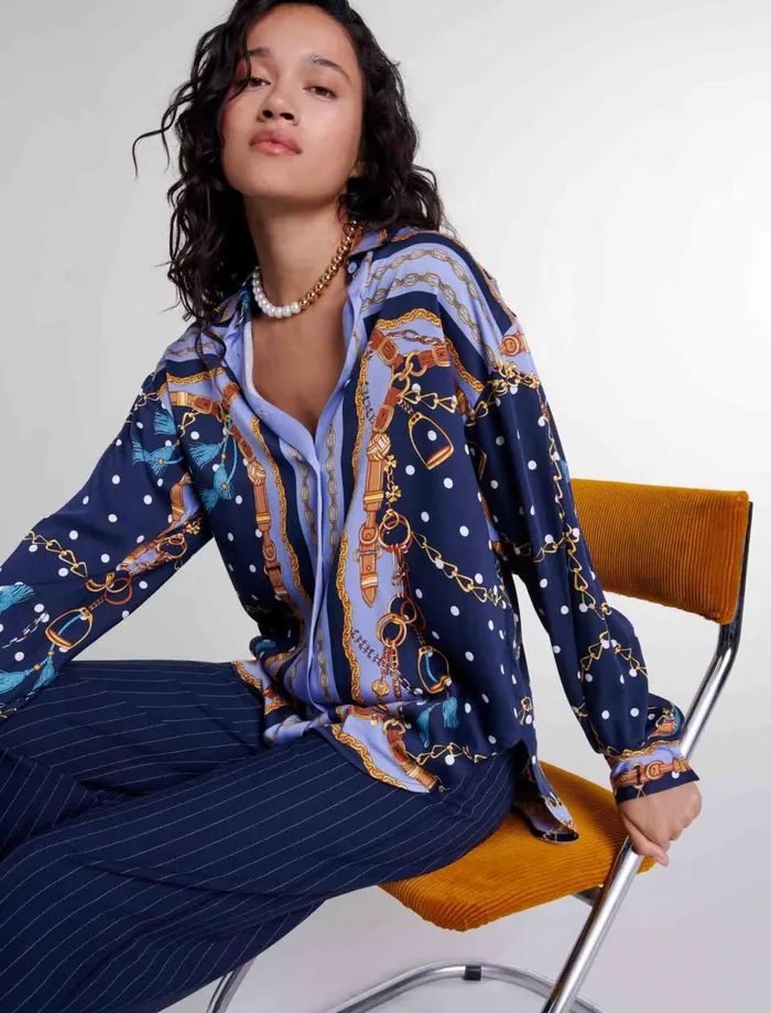 Tops and Shirts Women Maje SatinEffect Patterned Shirt Chain Scarf Print