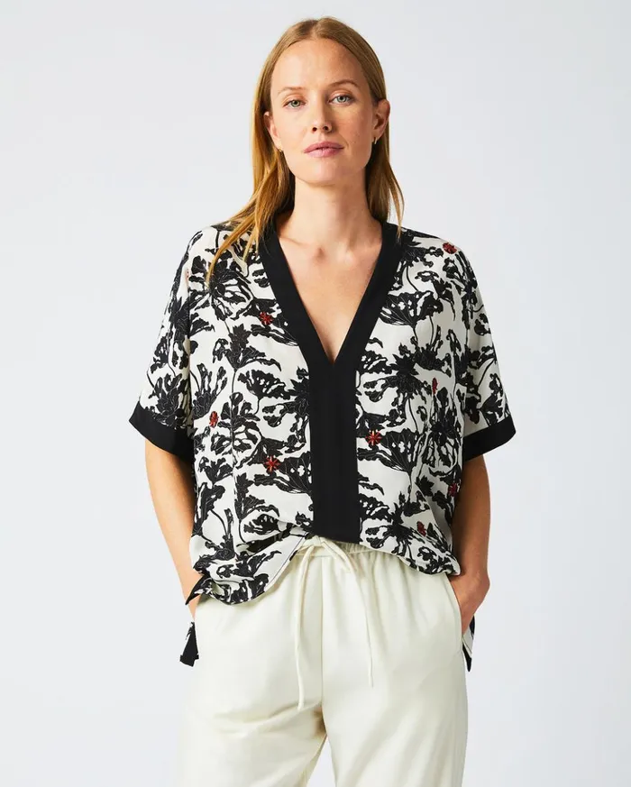 Tops Women Billy Reid Banded Kaftan Blouse Blackwhite
