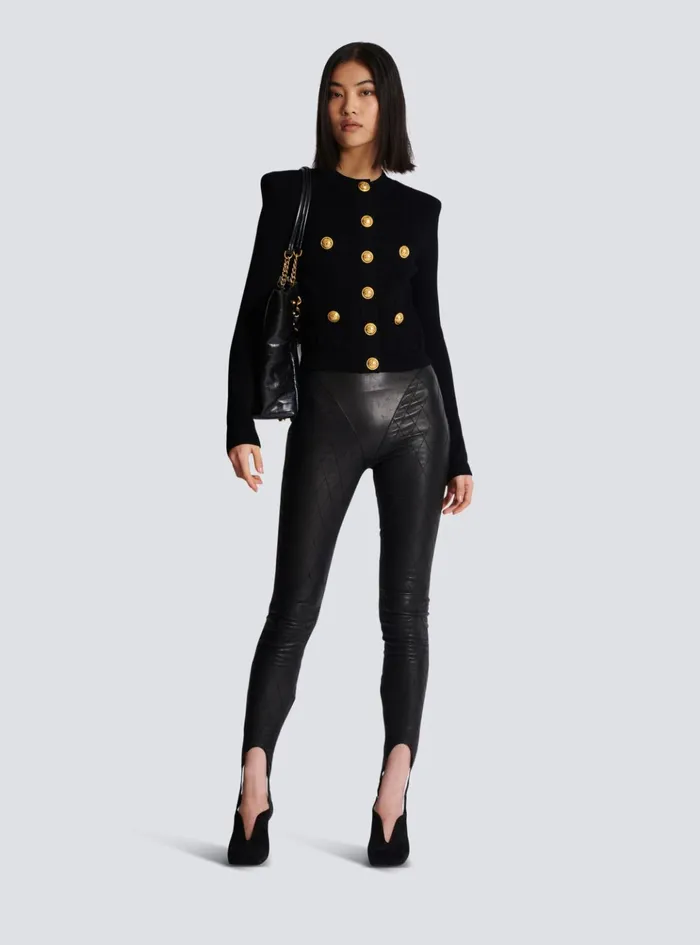 Topstitched Leather Leggings Black Women Balmain Trousers And Shorts